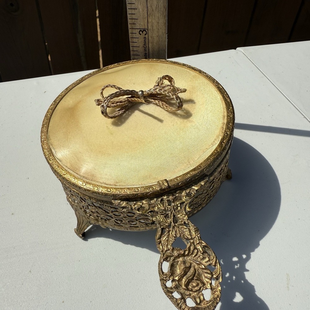 vintage Hollywood Regency style gold metal filigree jewelry box Removable Mirror